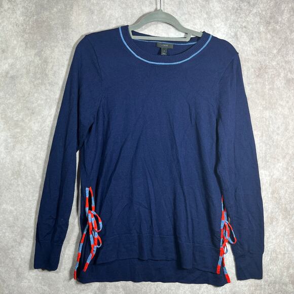 J Crew Merino Wool Sweater Womens Large Blue Knit Tie Side Casual Preppy Classic - Picture 1 of 11